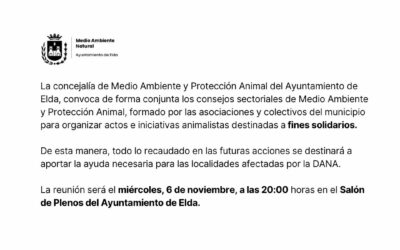 El Ayuntamiento de Elda organizará iniciativas solidarias para ayudar en materia de Protección Animal a los municipios afectados por la DANA